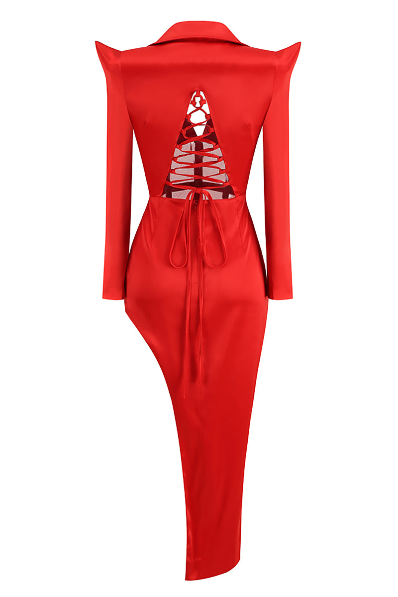 Deep V Hollow Out Mesh Side Tail Slit Maxi Dress In Red