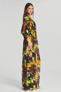 Deep V Long Sleeve Floral Print Slits Dress
