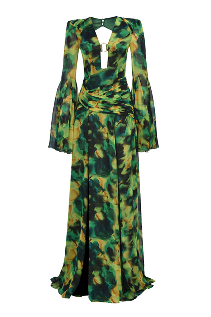 Deep V Printed Chiffon Maxi Dress In Green