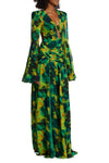 Deep V Printed Chiffon Maxi Dress In Green