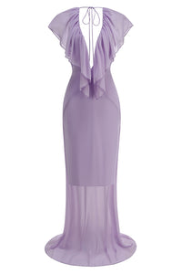Deep V Ruffled Draped Maxi Dress in Lavander