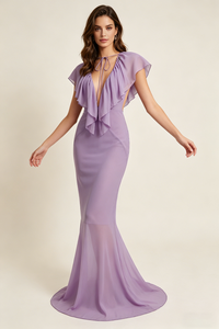 Deep V Ruffled Draped Maxi Dress in Lavander