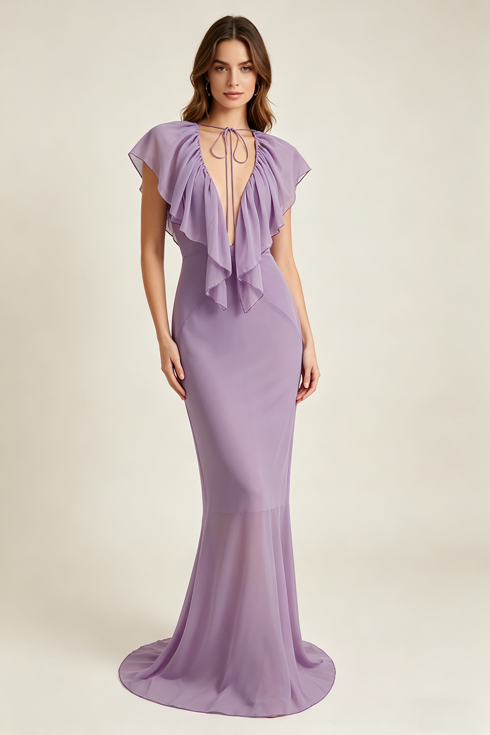 Deep V Ruffled Draped Maxi Dress in Lavander