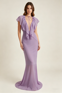 Deep V Ruffled Draped Maxi Dress in Lavander