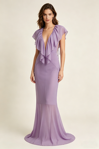 Deep V Ruffled Draped Maxi Dress in Lavander