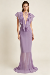 Deep V Ruffled Draped Maxi Dress in Lavander