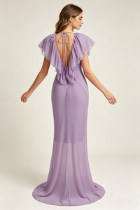Deep V Ruffled Draped Maxi Dress in Lavander
