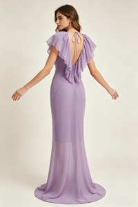 Deep V Ruffled Draped Maxi Dress in Lavander