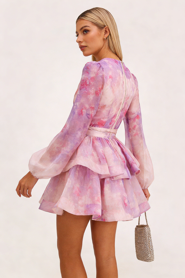 Deep V-Neck Floral Print Ruffled Mini Dress