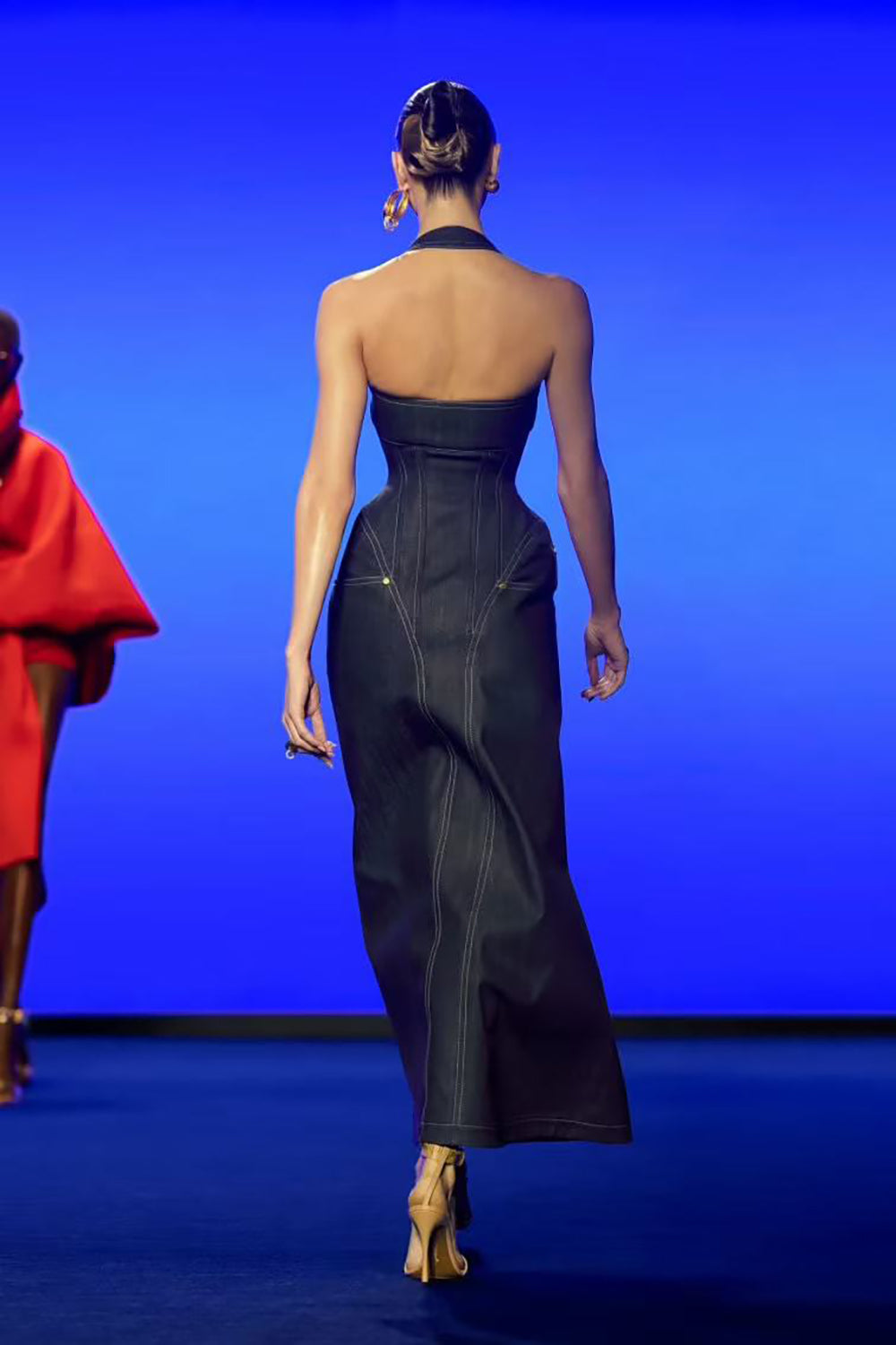 Denim Halterneck Corset Midi Dress