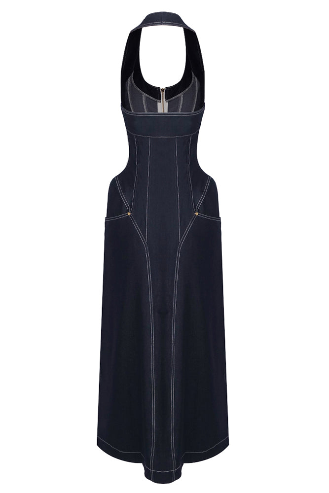 Denim Halterneck Corset Midi Dress