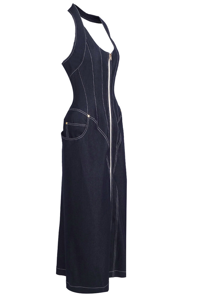 Denim Halterneck Corset Midi Dress