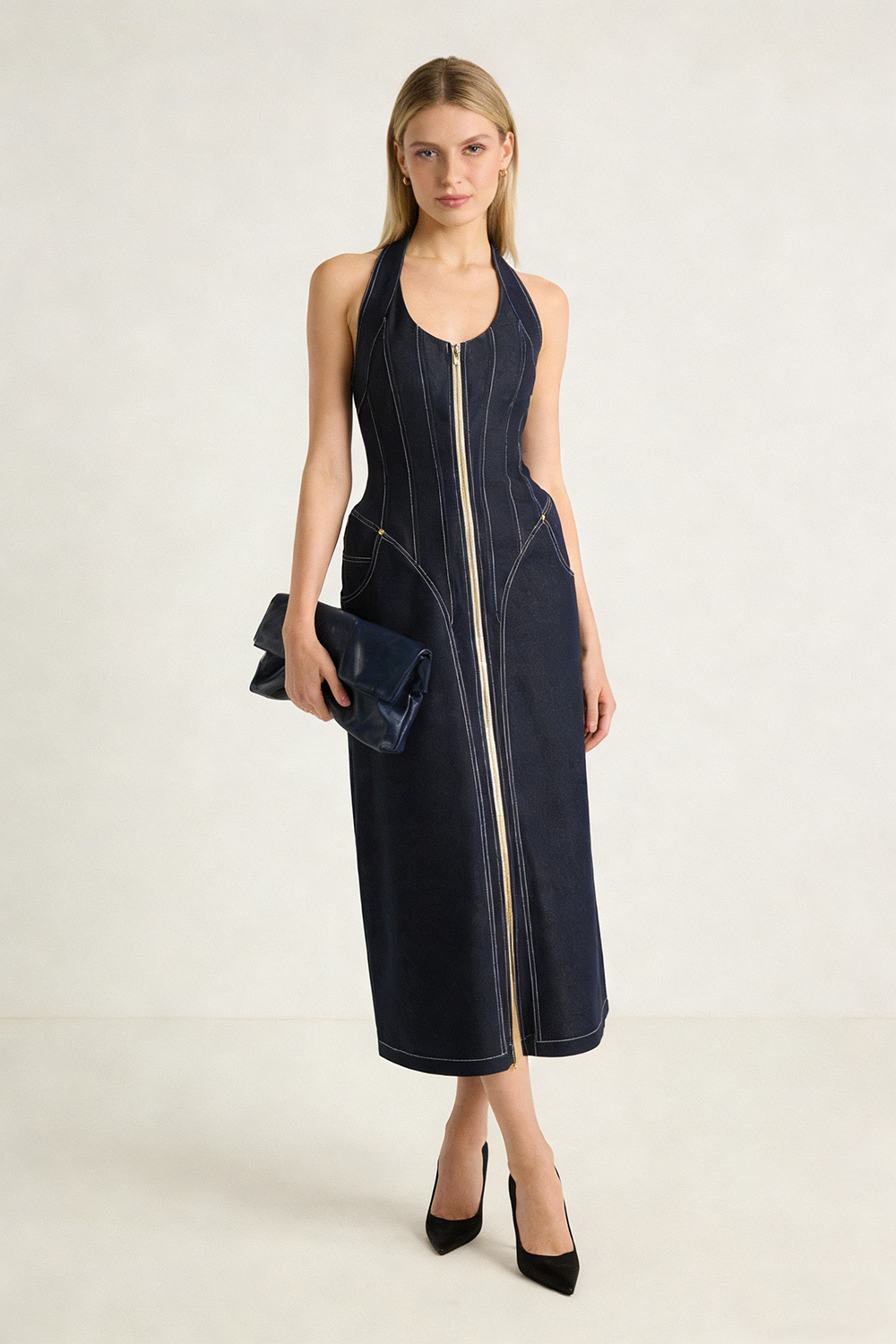 who does a drop waist dress look good on Denim Halterneck Corset Midi Dress – CHICIDA