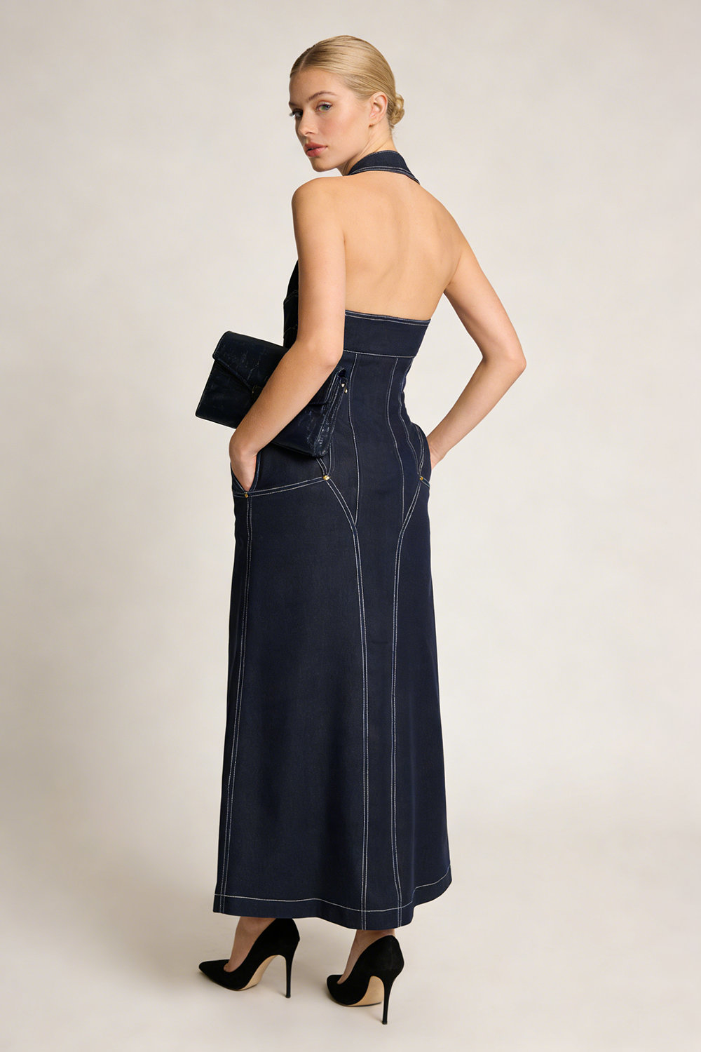Denim Halterneck Corset Midi Dress