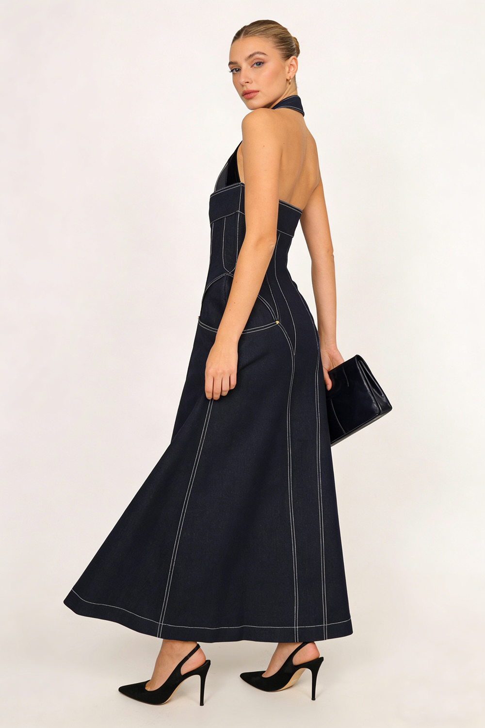 Denim Halterneck Corset Midi Dress