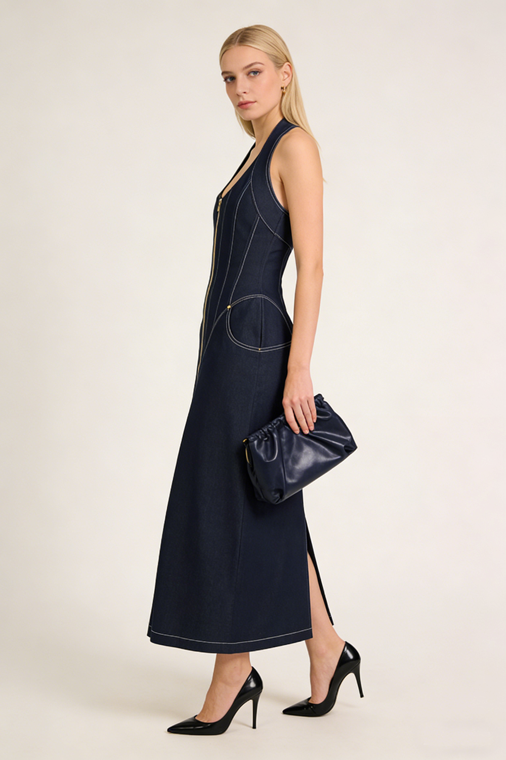 Denim Halterneck Corset Midi Dress