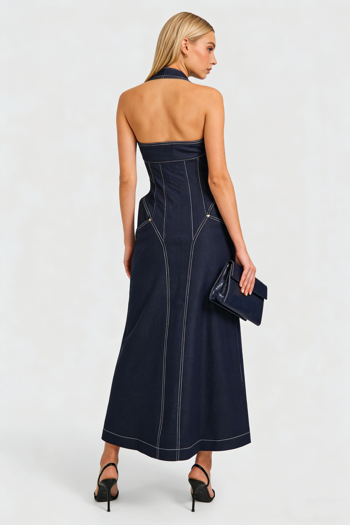 Denim Halterneck Corset Midi Dress
