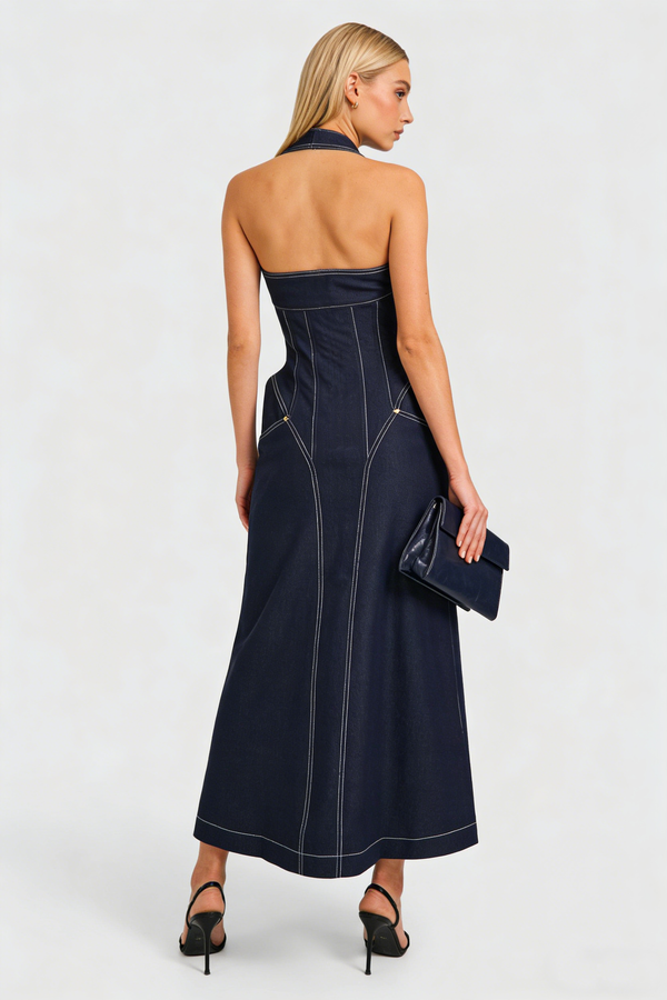 Denim Halterneck Corset Midi Dress