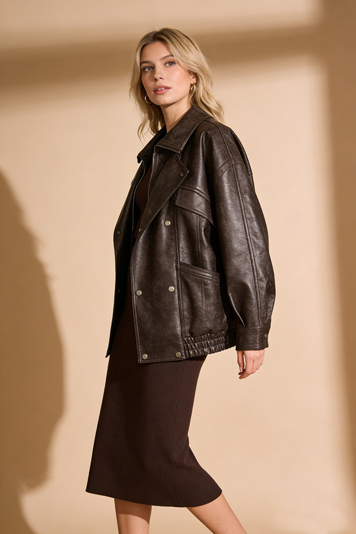 Double-breasted Leather Bomber Jacket
