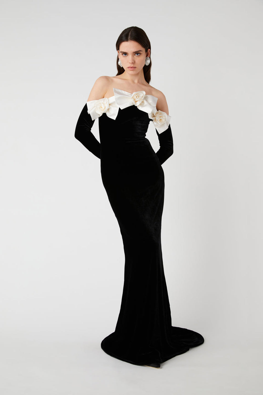 Duchesse Bows Off The Shoulder Velvet Maxi Dress