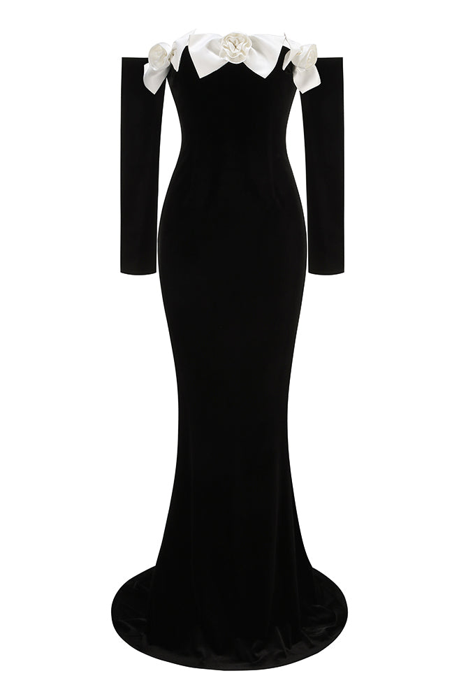 Duchesse Bows Off The Shoulder Velvet Maxi Dress