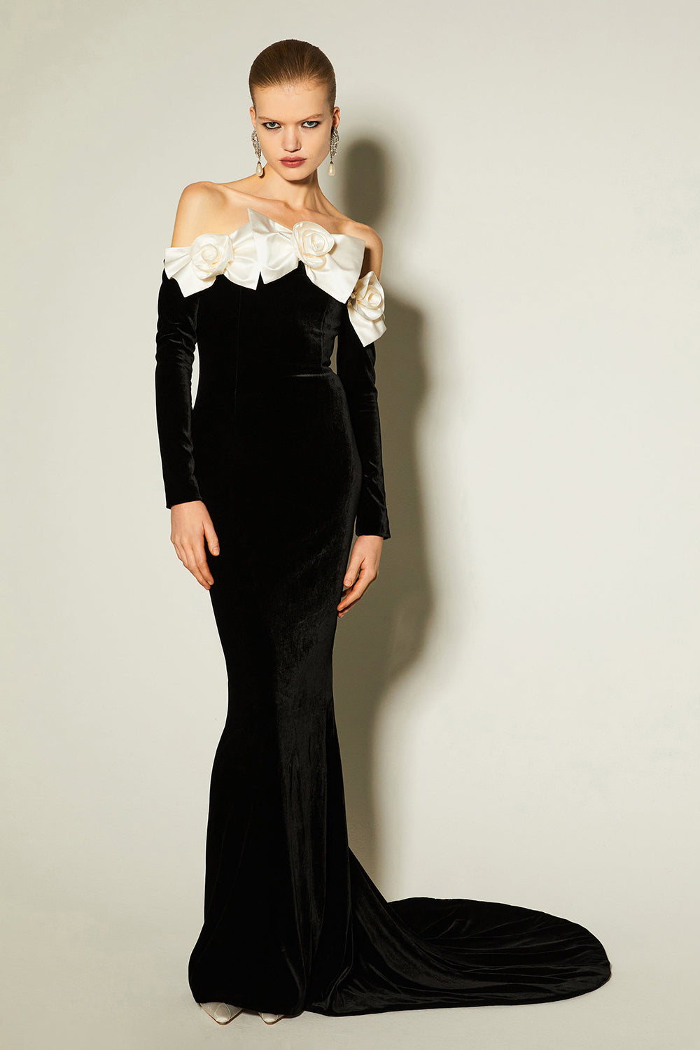 Duchesse Bows Off The Shoulder Velvet Maxi Dress