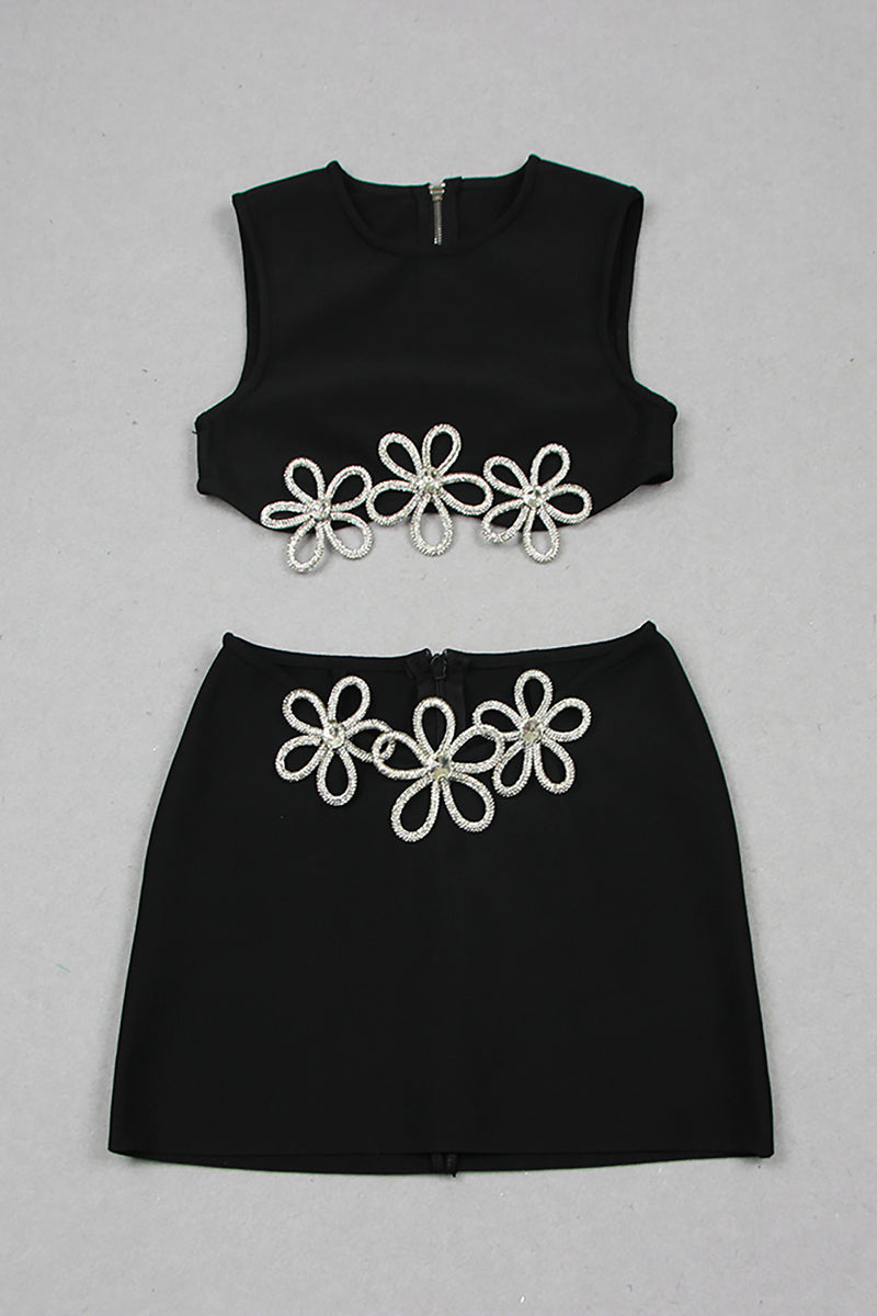 Embroidered Cady Mini Top adn Skirt In Black