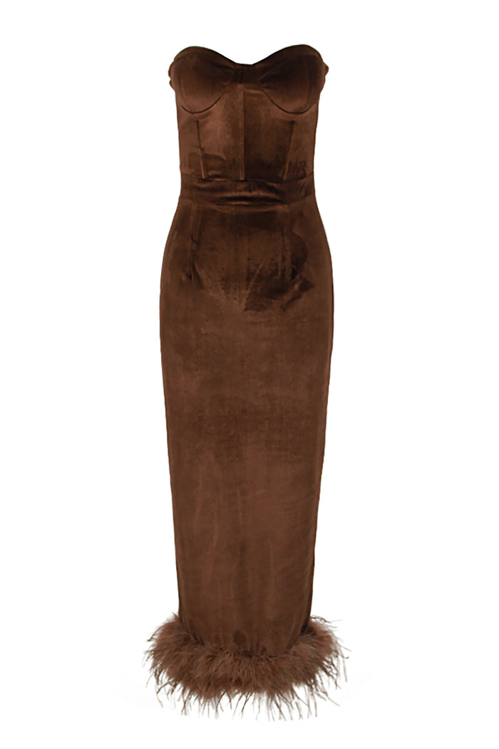 Feather-Trim Strapless Bustier Midi Dress CHICIDA Feather-Trim Strapless Bustier Midi Dress CHICIDA