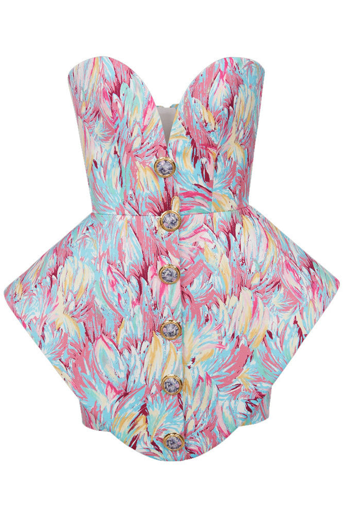 Feather Print Peplum Bustier Dress