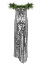 Feather Sequin Off shoulder Asymmetrical Maxi Dress In Sliver