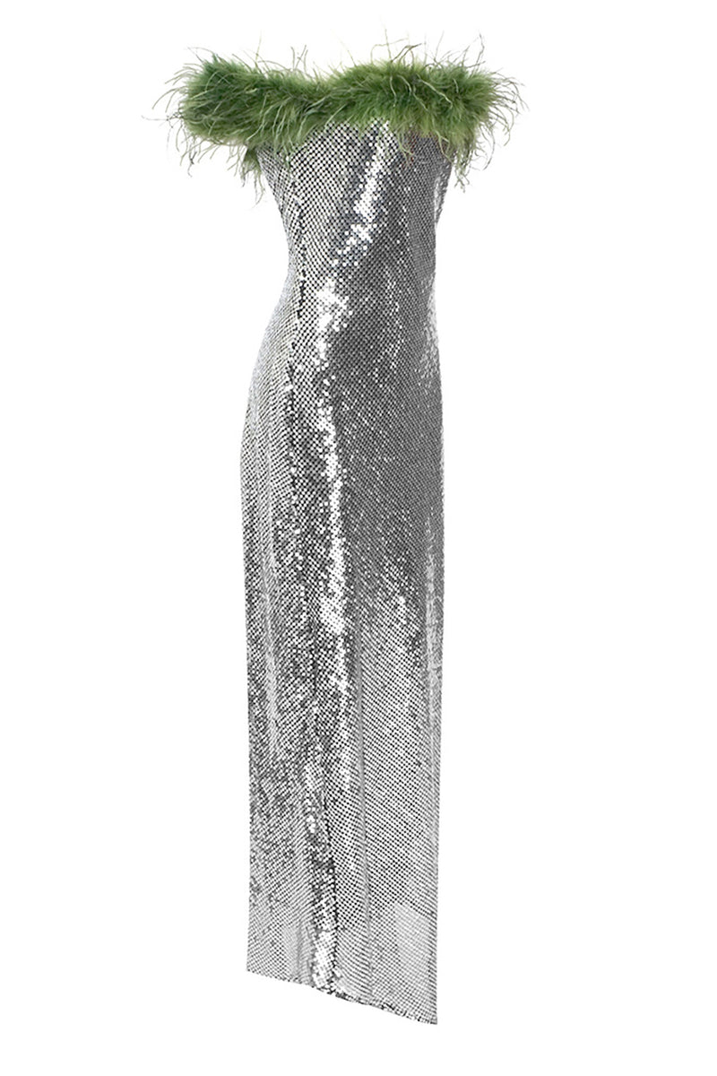 Feather Sequin Off shoulder Asymmetrical Maxi Dress In Sliver