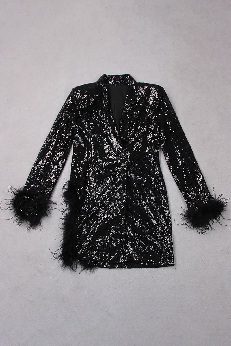 Feather Trim Sequin Blazer Dress