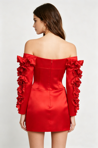 Floral-applique Off The Shoulder Dress in Red