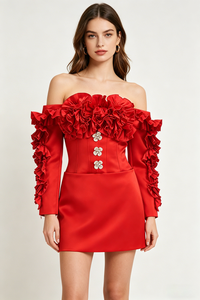 Floral-applique Off The Shoulder Dress in Red