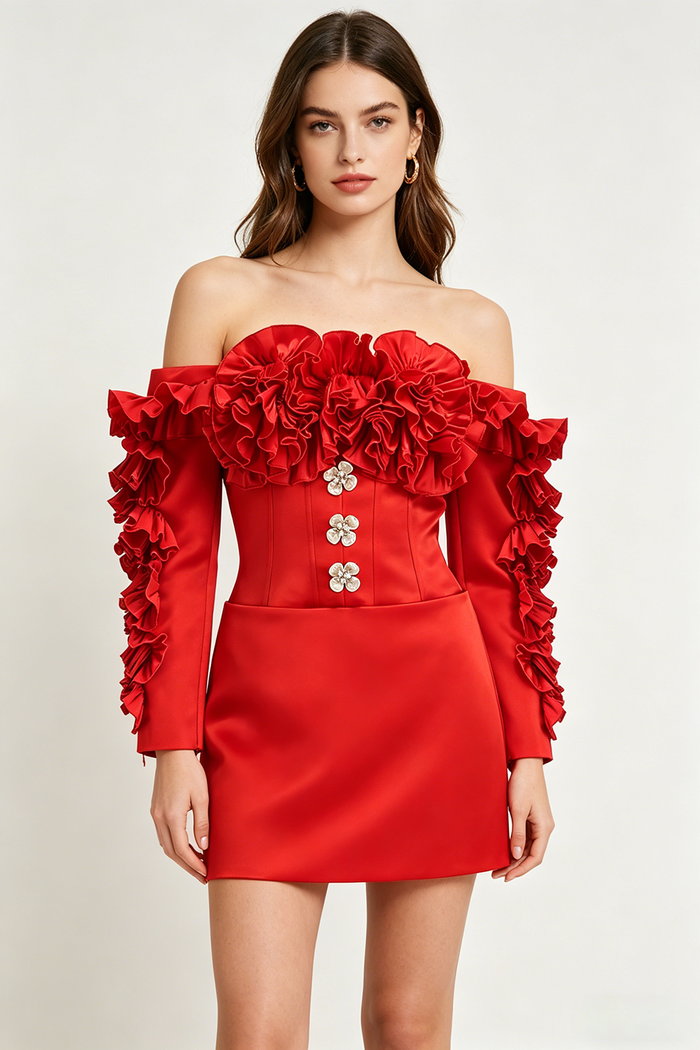 Floral-applique Off The Shoulder Dress in Red