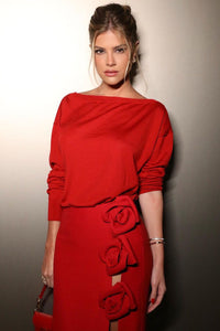 Floral-applique Slits Midi Bandage Skirt in Red