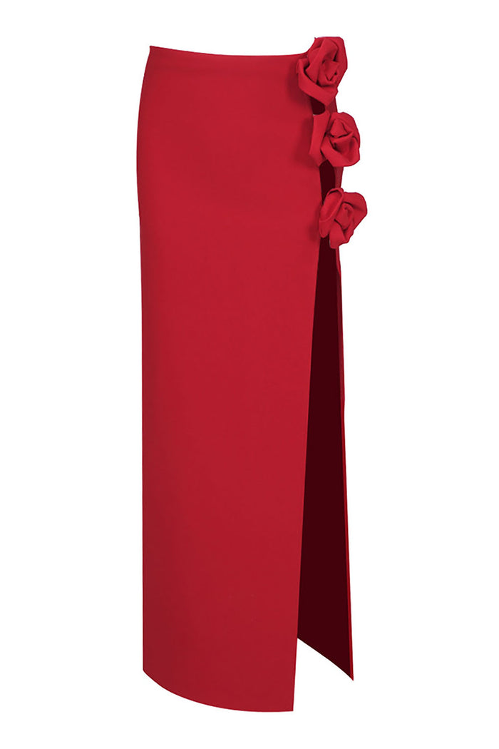 Floral-applique Slits Midi Bandage Skirt in Red