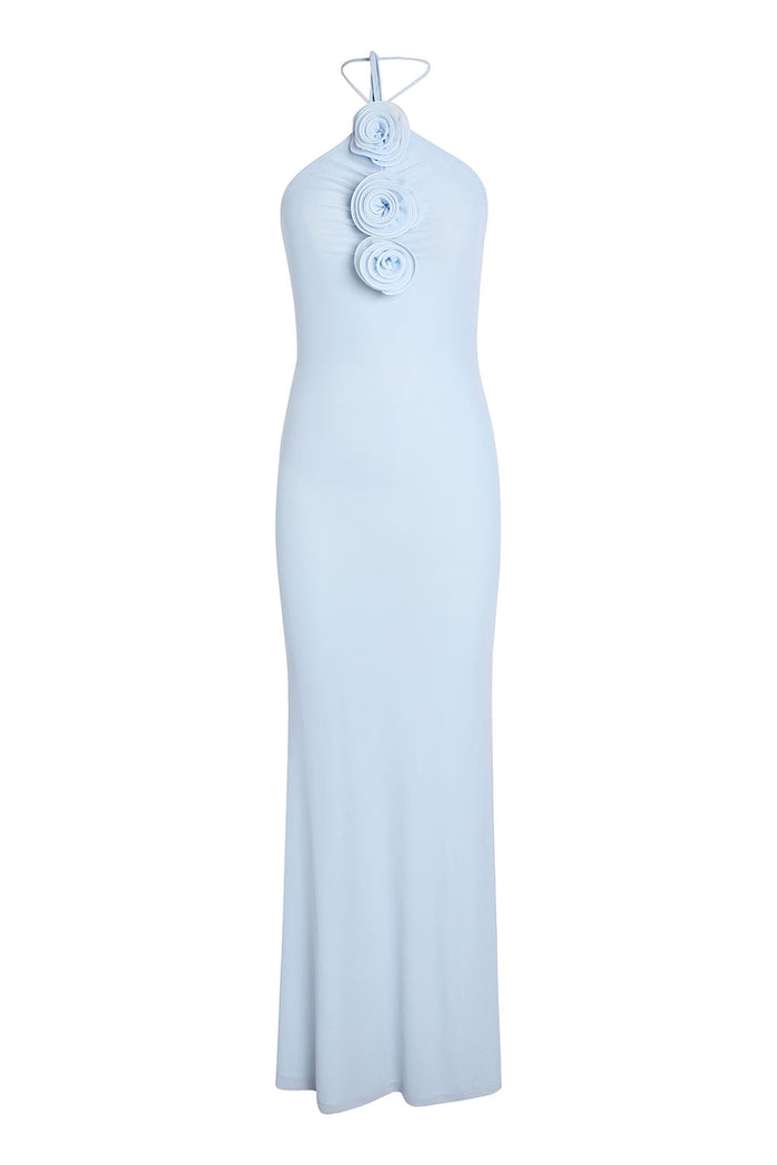 Floral Applique Halter-neck Jersey Maxi Gown in Blue CHICIDA Floral Applique Halter-neck Jersey Maxi Gown in Blue CHICIDA