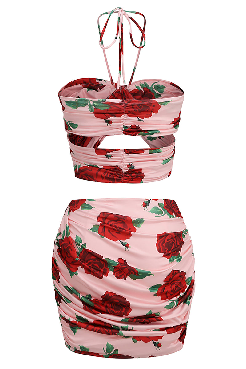 Floral Print Halter Cropped Top Mini Skirt 2 Piece Set