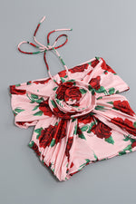 Floral Print Halter Cropped Top Mini Skirt 2 Piece Set