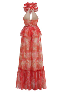 Floral Printed Cut Out A-Line Maxi Dress