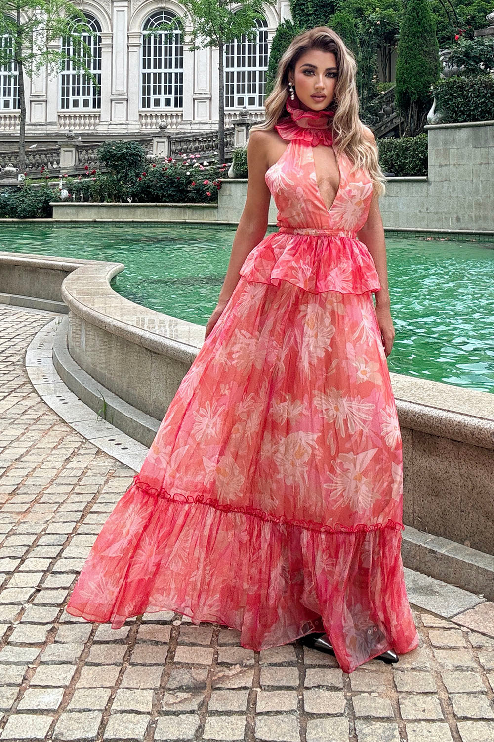 Floral Printed Cut Out A-Line Maxi Dress