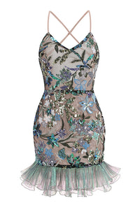 Floral Sequin-Embellished Ruffled Dress