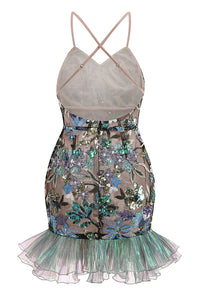 Floral Sequin-Embellished Ruffled Dress