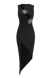 Floral Crystal Applique High-Slit Dress