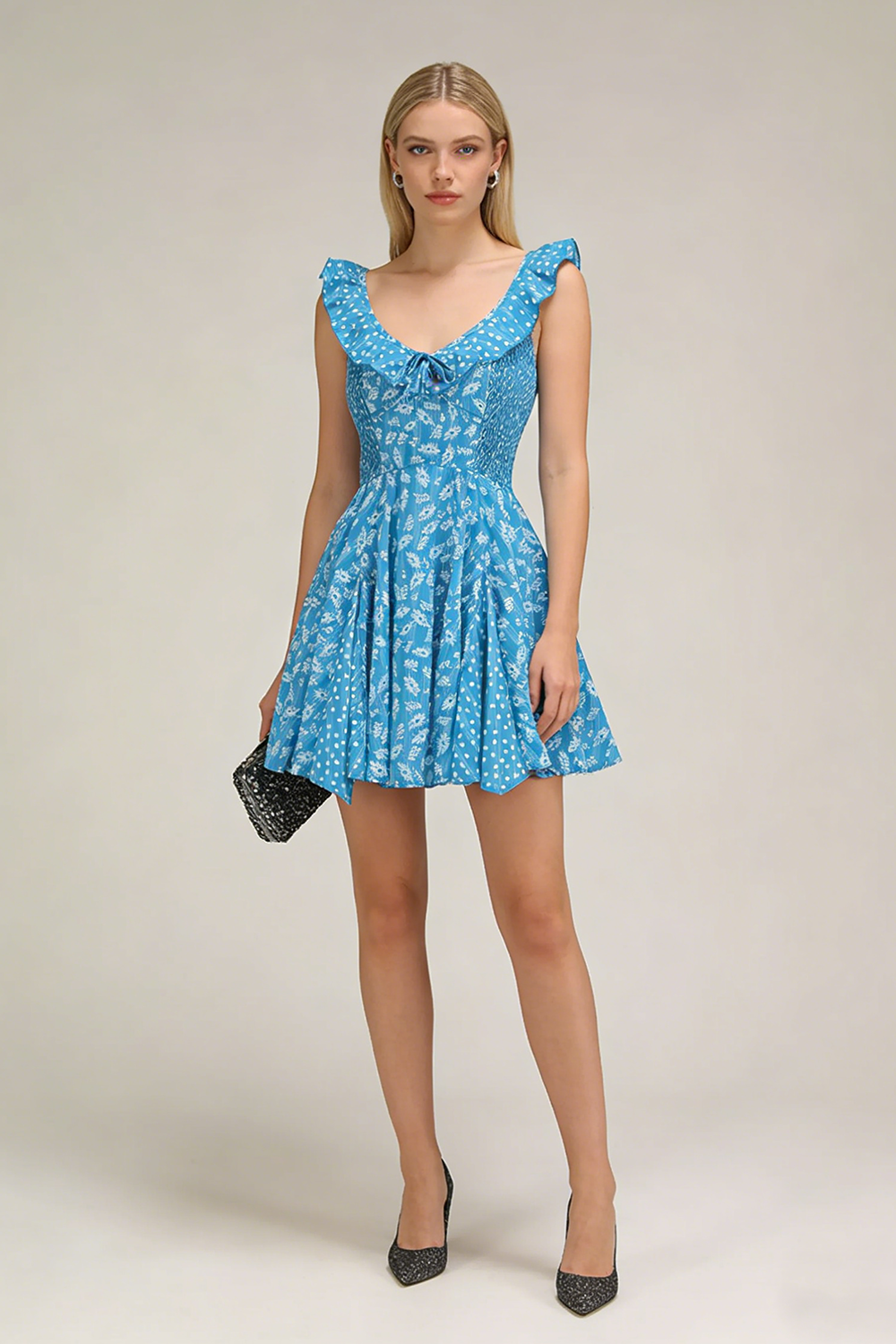 Floral Scoop Neck Ruffle Mini Dress