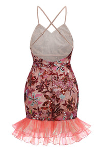 Floral Sequin-Embellished Ruffled Dress