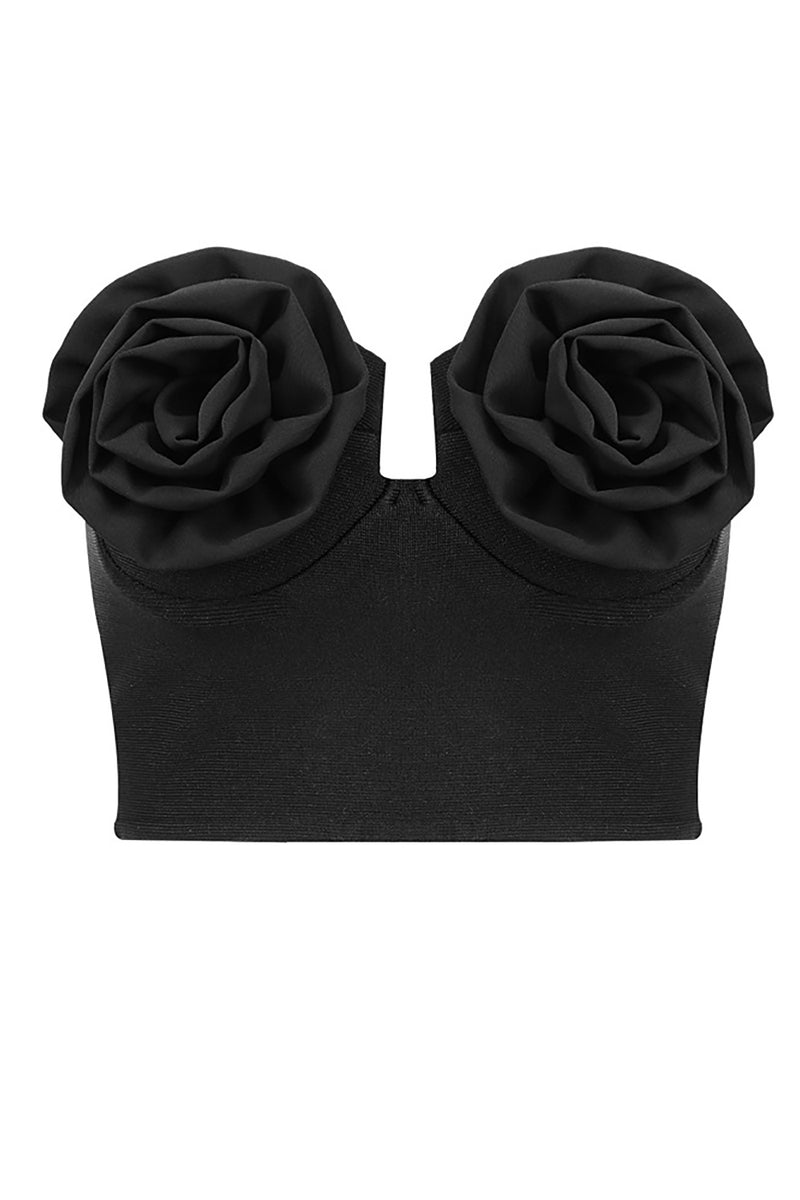 Flower Applique Bustier Style Bandage Top In Black