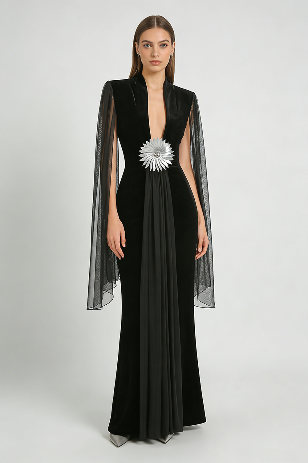 Flower Belt V-Neck Long Sleeved Gown In Black