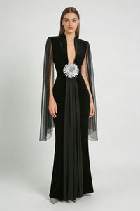 Flower Belt V-Neck Long Sleeved Gown In Black